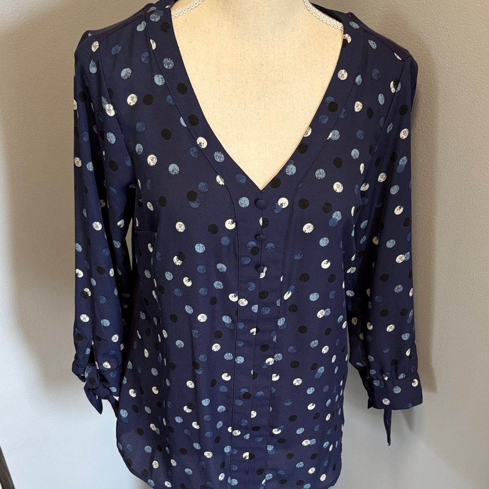 Navy Polka Dot V-Neck Blouse with Tie Cuffs